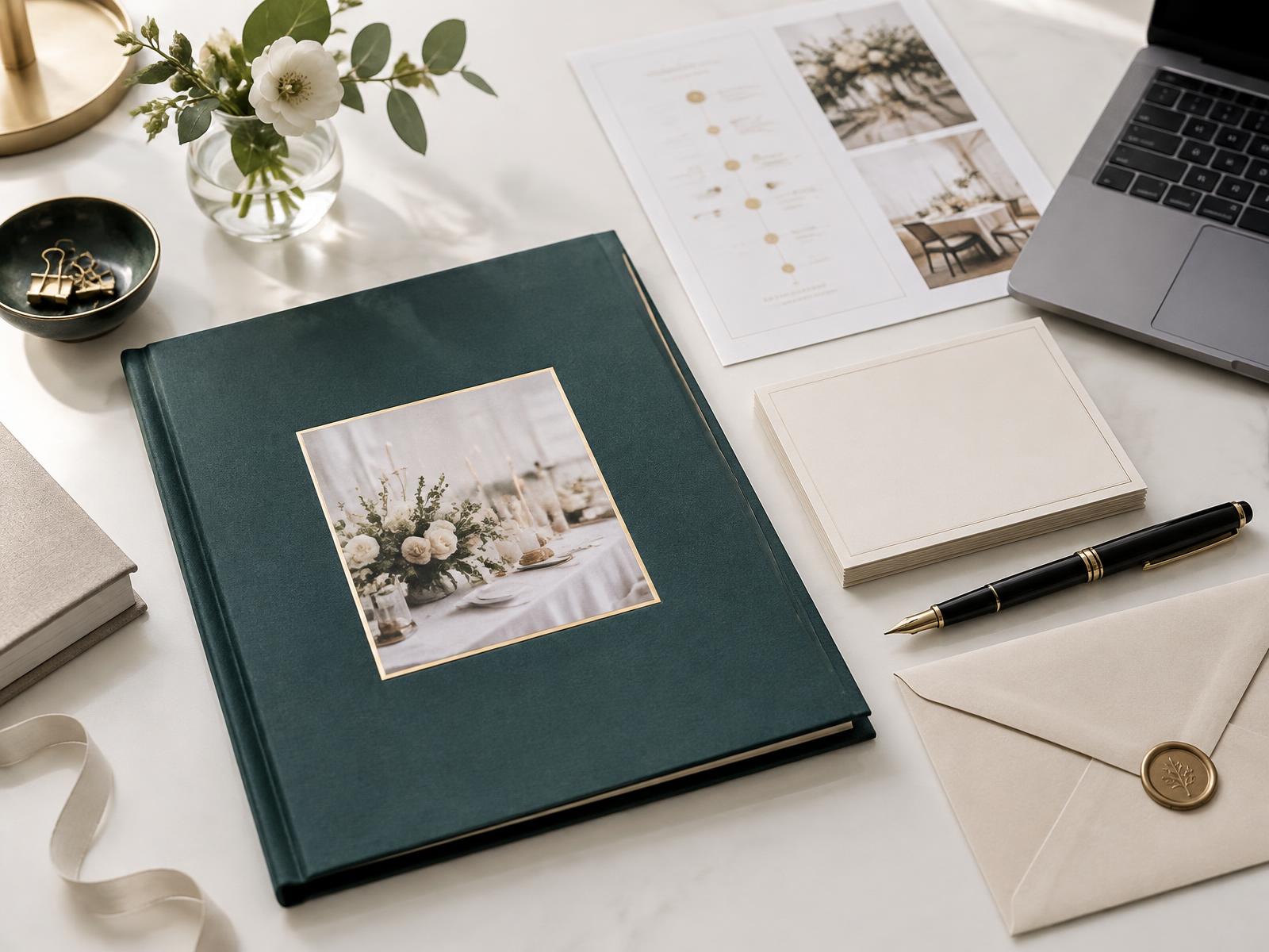 Client care workspace with proposal folio, timeline, stationery, and follow-up materials