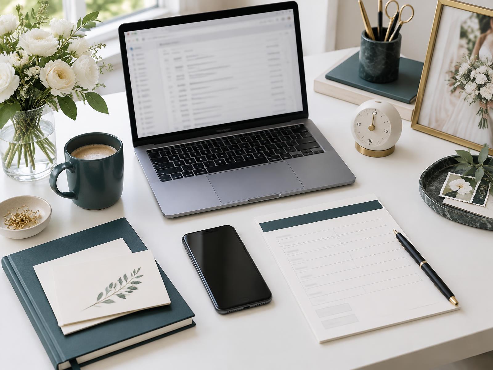 Wedding vendor inquiry workspace with laptop, phone, inquiry form, and timer
