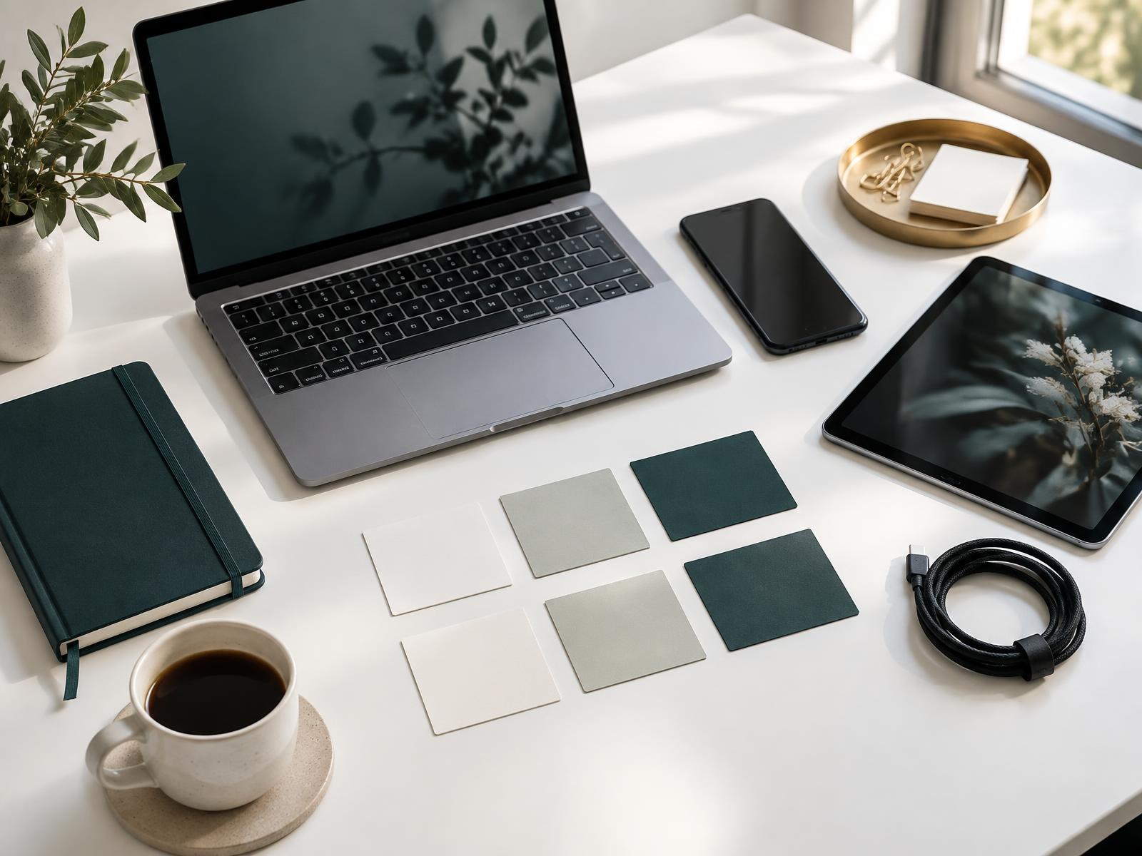 Tech stack workspace with laptop, phone, tablet, cables, and organized subscription cards